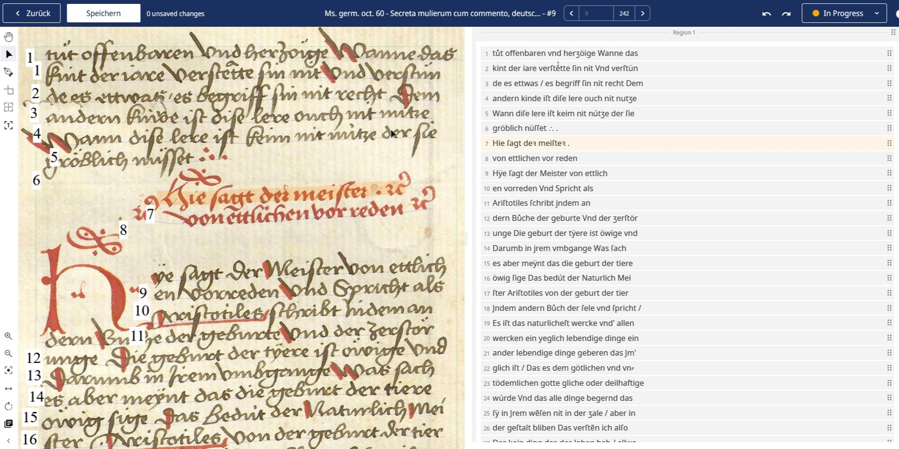 Screenshot der Arbeitsumgebung in Transkribus, der die transkribierte Seite 9 (3r) zeigt.