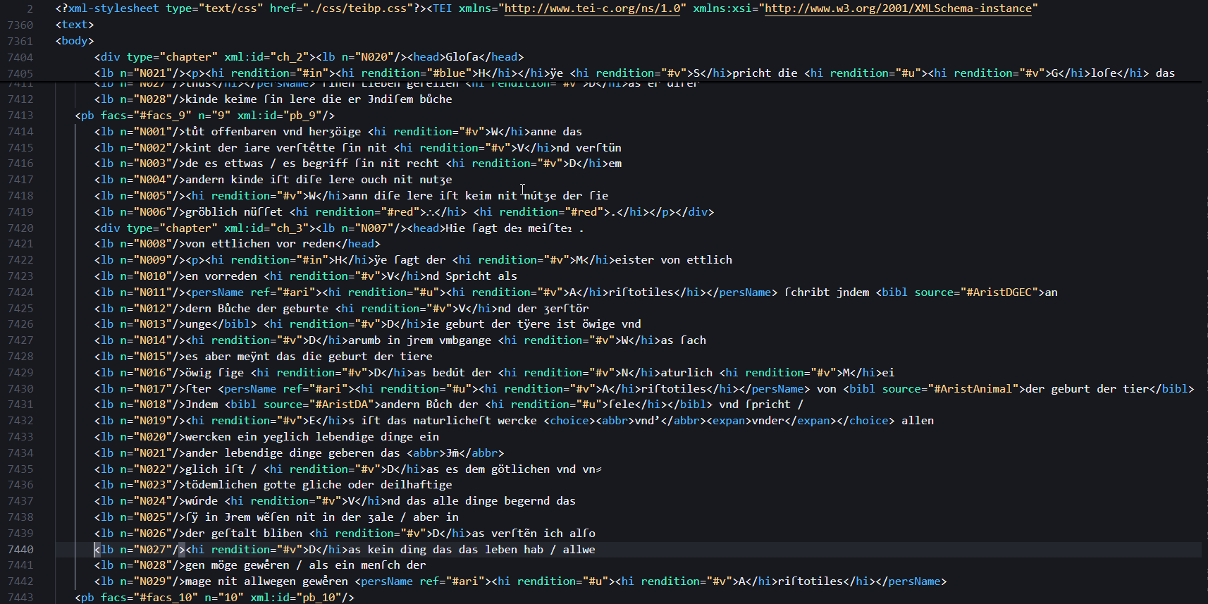Screenshot der in TEI/XML ausgezeichneten Seite 9 (3r) in Visual Studio Code.