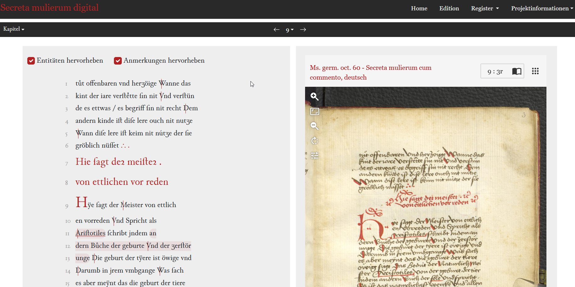 Screenshot der synoptischen Ansicht der Seite 9 (3r) im Editionsbereich dieser Webseite.